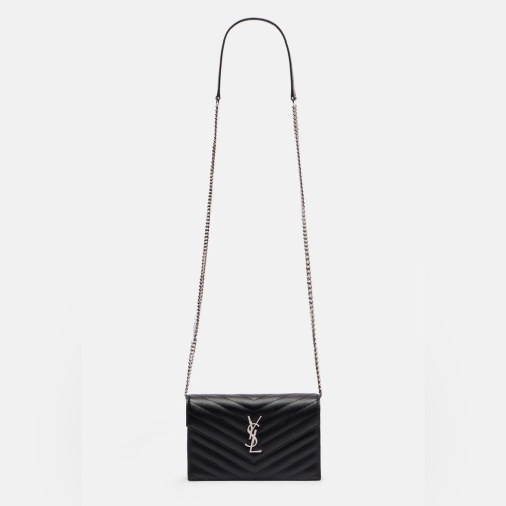 💯💎Authentic💎 Saint Laurent Calfskin Envelope Black Leather Wallet On Chain - Picture 3 of 13